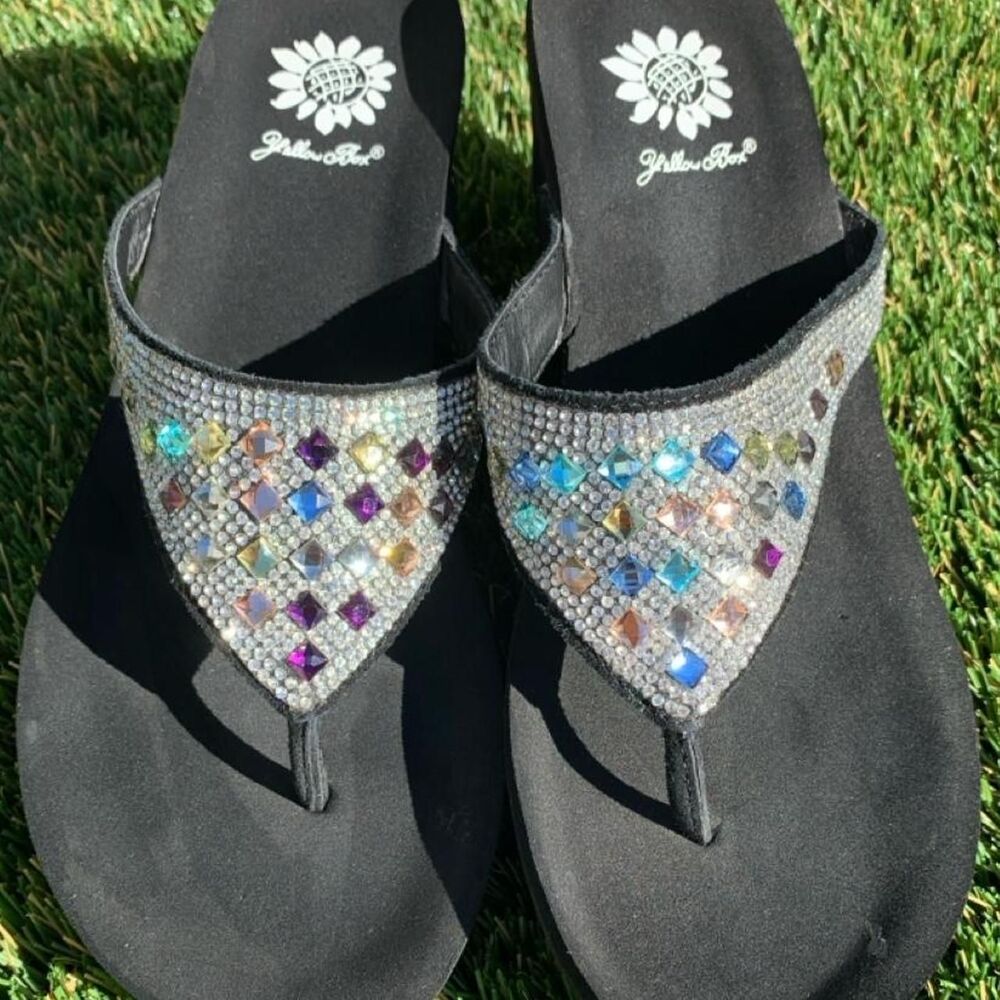 Vintage Sparkly Bling Rainbow Rhinestone Wedge Flip Flop Sandals Size 8.5